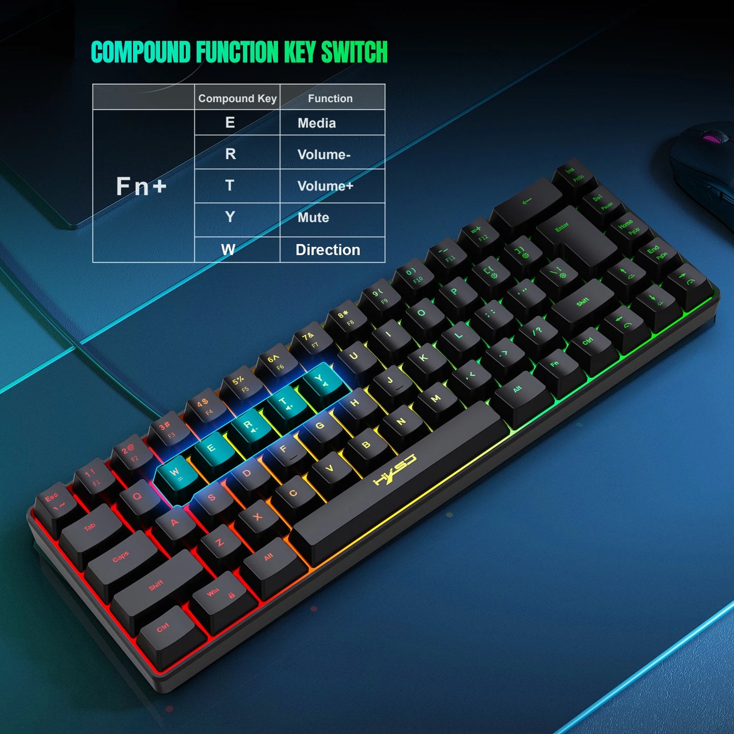 68 Keys Gaming Keyboard USB Wired Portable RGB